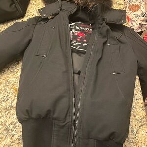 Moose Knuckles Black Puffer Jacket with Fur Trim